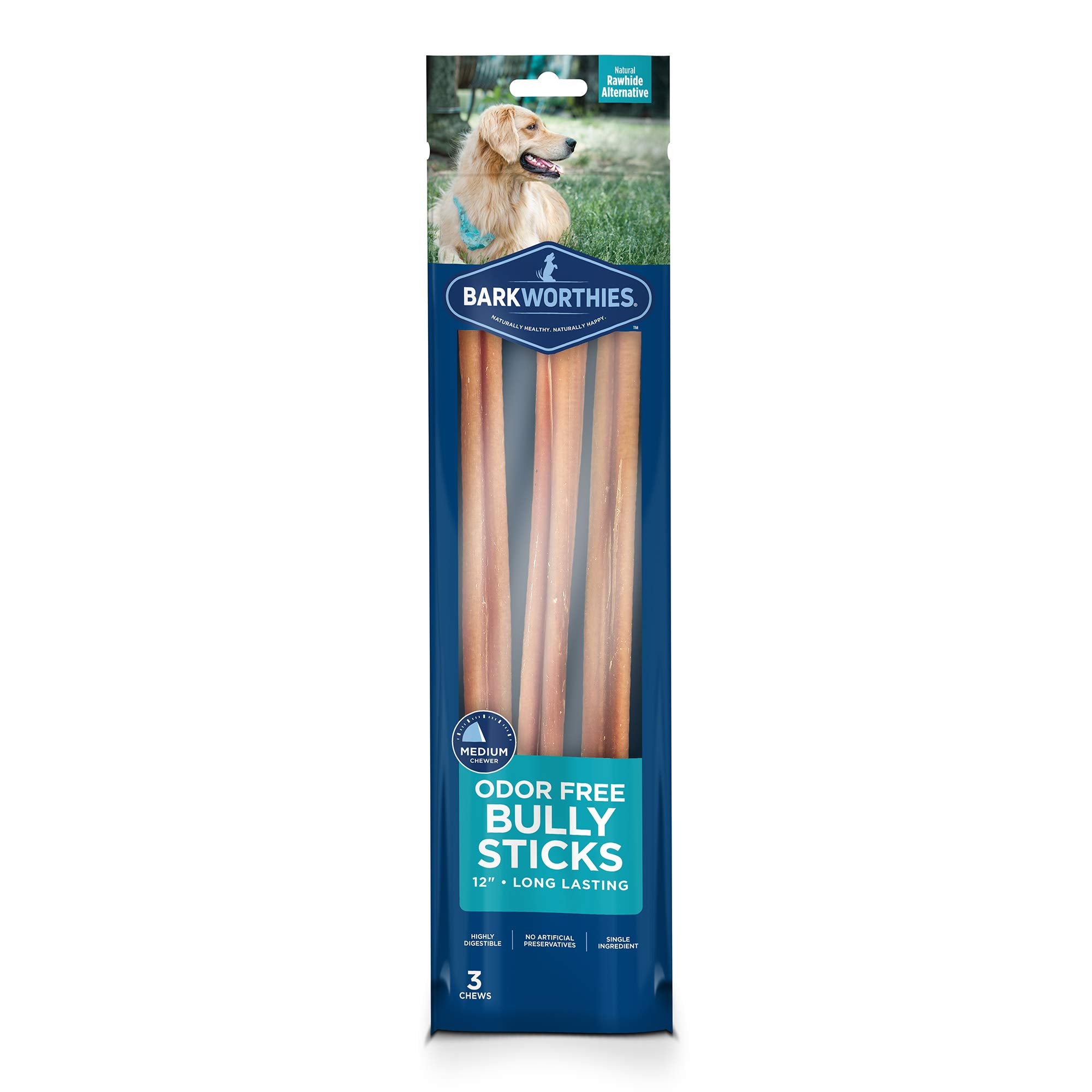 Barkworthies OdorFree Bully Stick 12 pulgadas, masticación para perros medianos y grandes con olor casi nulo