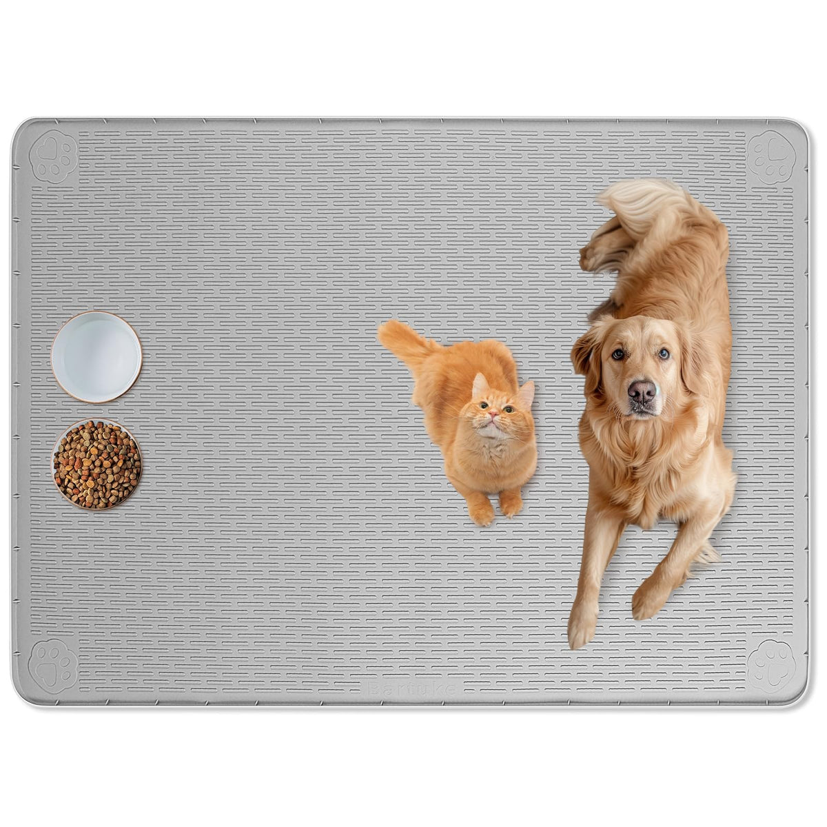 Bartuke mat gris para comida de gato, amplio espacio para cuencos.