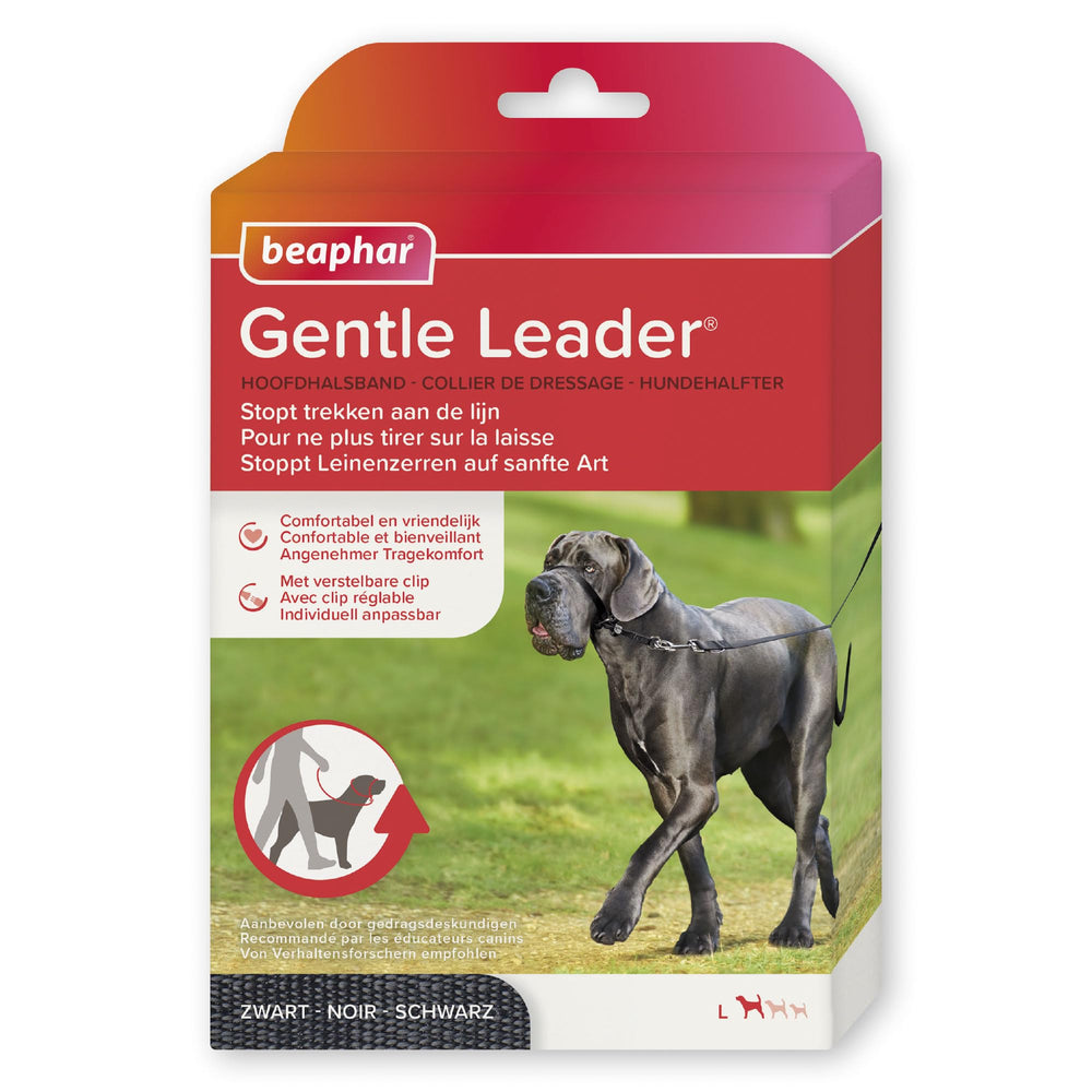 Beaphar Gentle Leader L, collar de cabeza negro para perros grandes, control suave durante paseos.