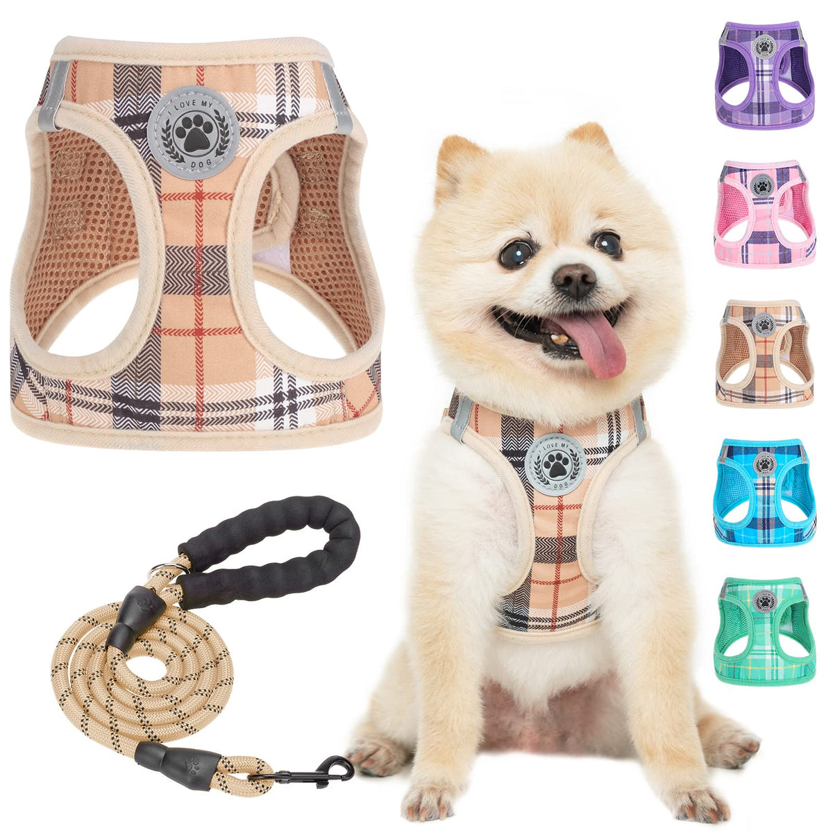 Arnés BEAUTYZOO para perro pequeño con diseño plaid cómodo y seguro.