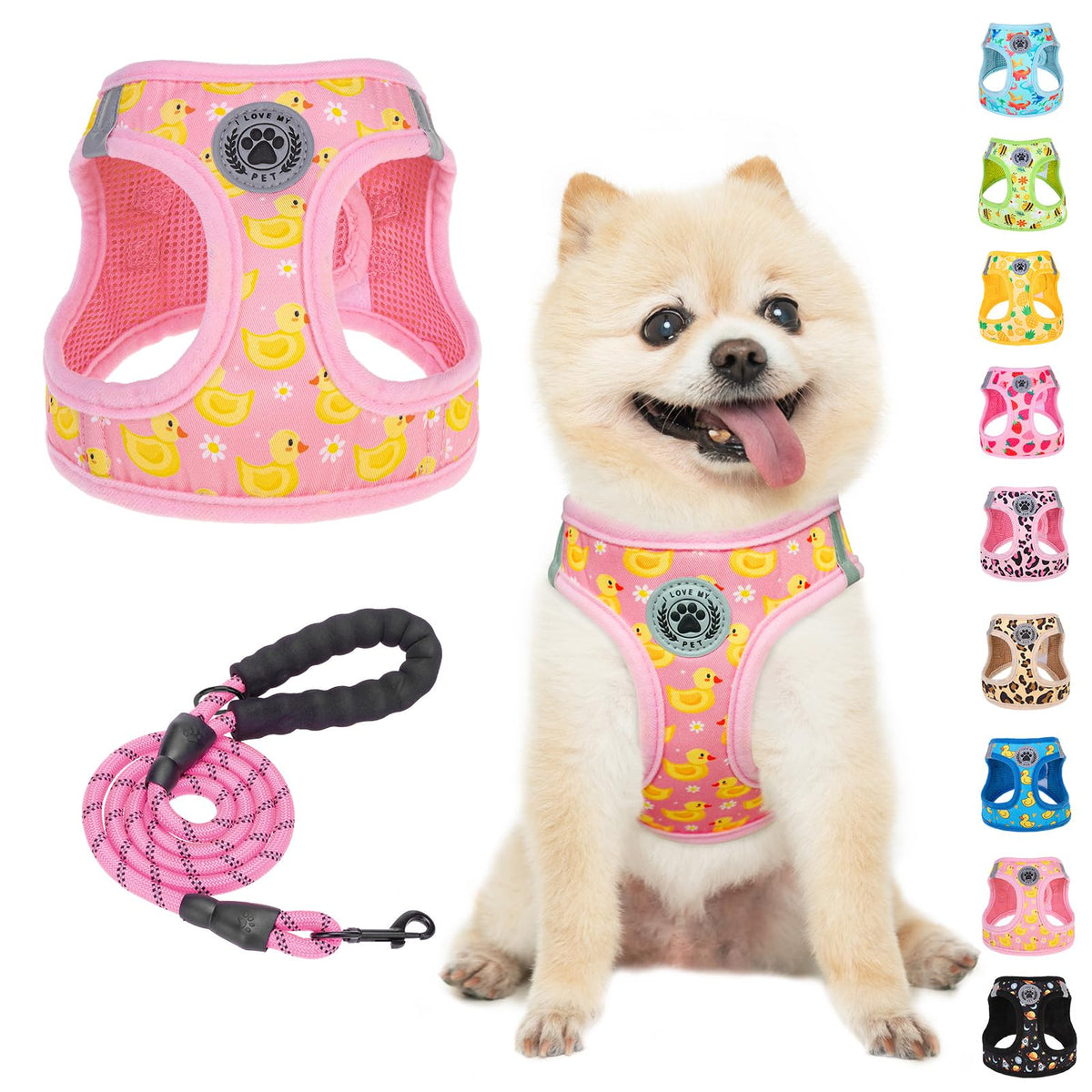 arnés BEAUTYZOO para perro pequeño en color rosa con patos, cómodo y ajustable para paseos