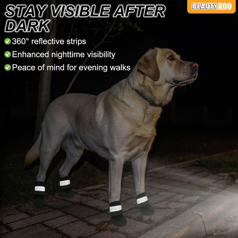 BEAUTYZOO botas con correas reflectivas ajustables para mayor visibilidad al atardecer.