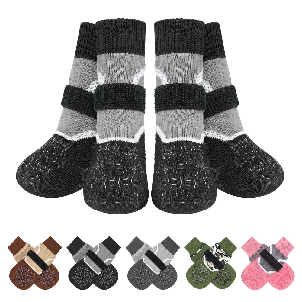 Calcetines antideslizantes BEAUTYZOO para perros protegen patitas en suelos de madera.
