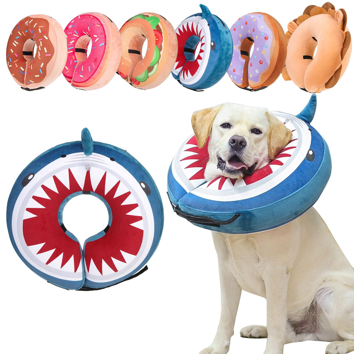 BEAUTYZOO collar inflable donut azul tiburón, tamaño M, protege heridas sin obstaculizar visión.