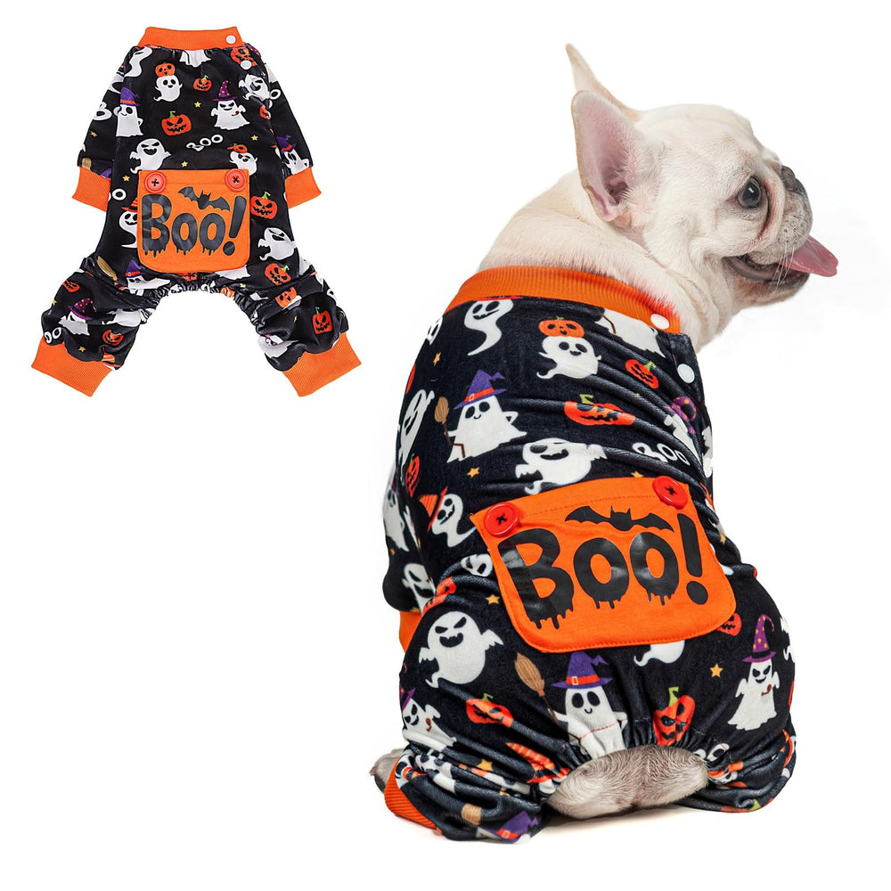 BEAUTYZOO pijama para perros con fantasma-calabaza en el frente, cómodo.