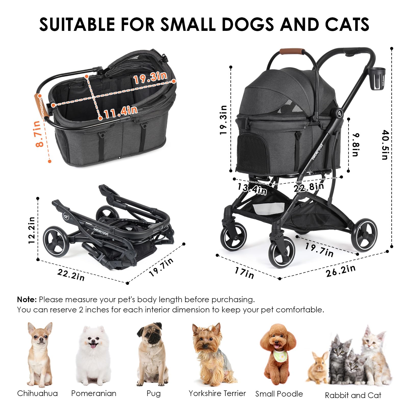 BEBEROAD PETS T3 capota amplia protege del sol y ruido exterior.