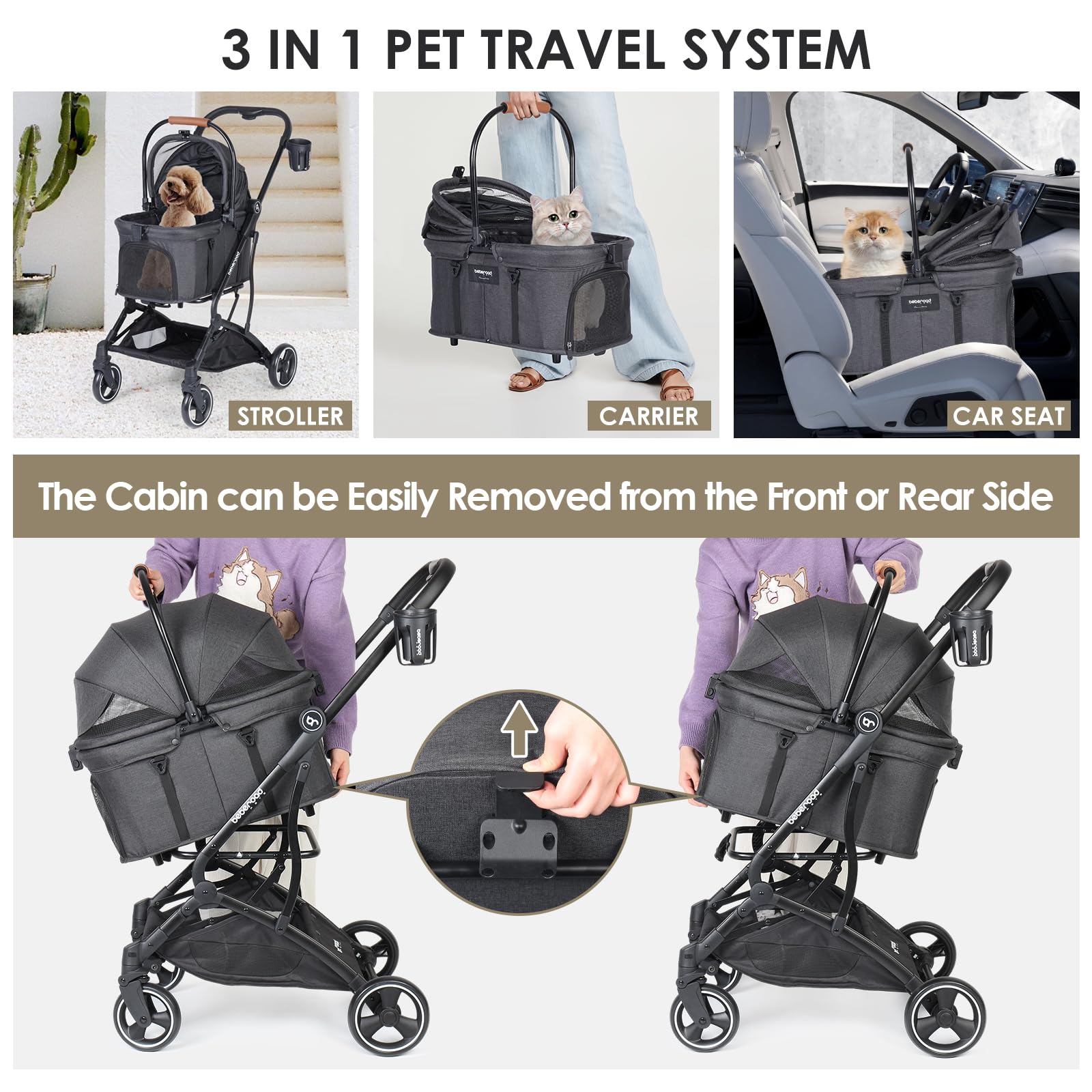 BEBEROAD PETS T3 ruedas 360° para maniobrabilidad suave.