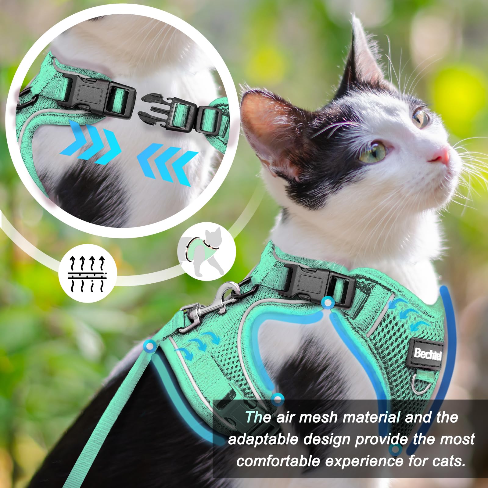Bechtel arnés gato reflectante verde XXS para paseos nocturnos seguros.