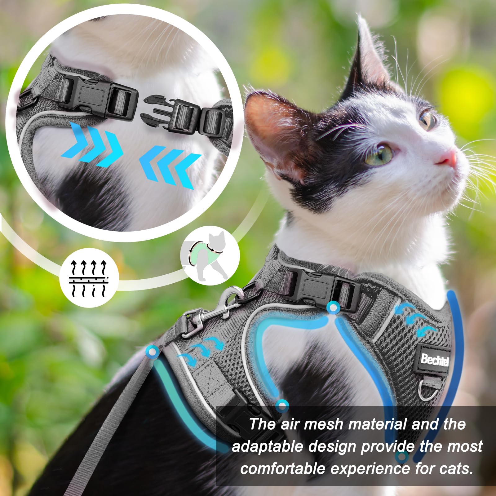 ARNÉS BECHTEL GATO: compatible con cinturón de coche para viajes seguros.