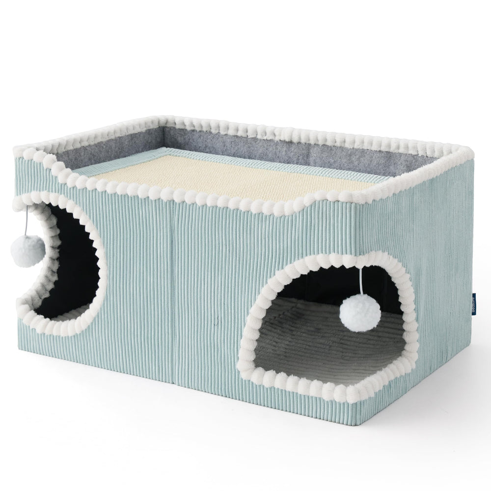 Bedsure cama azul para gatos, diseño atractivo y funcional.
