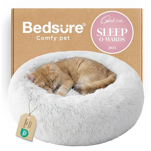 Bedsure cama para gato redonda y calmante en gris frío, ideal para descanso cómodo.