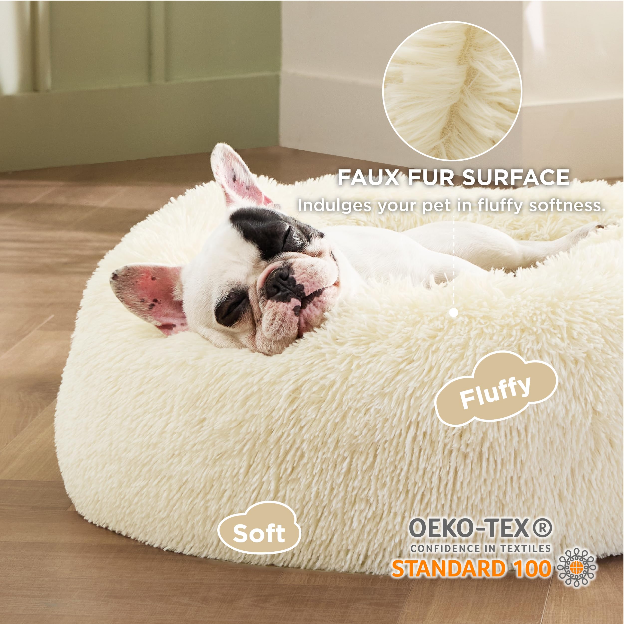 Bedsure cama perro donut con aro alto que ofrece soporte para cuello y cabeza.