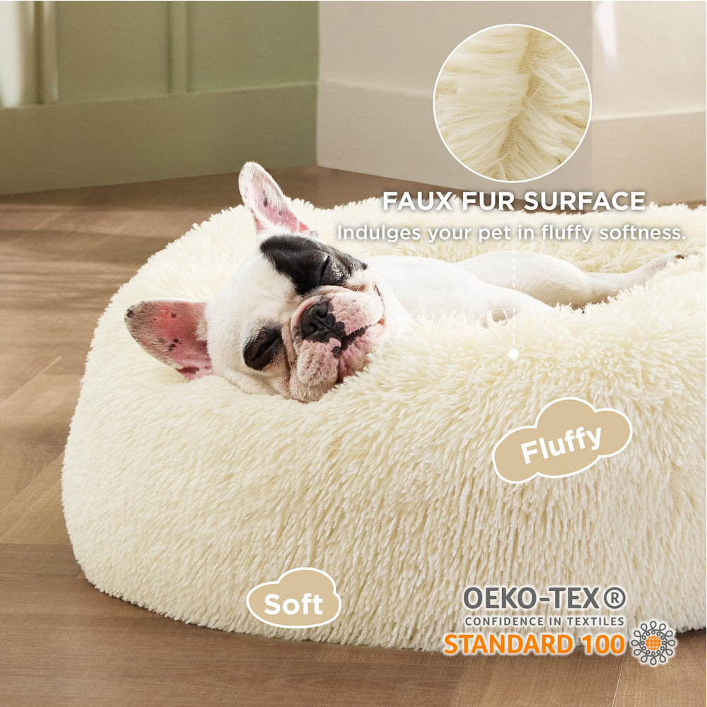 Bedsure cama perro donut con aro alto que ofrece soporte para cuello y cabeza.