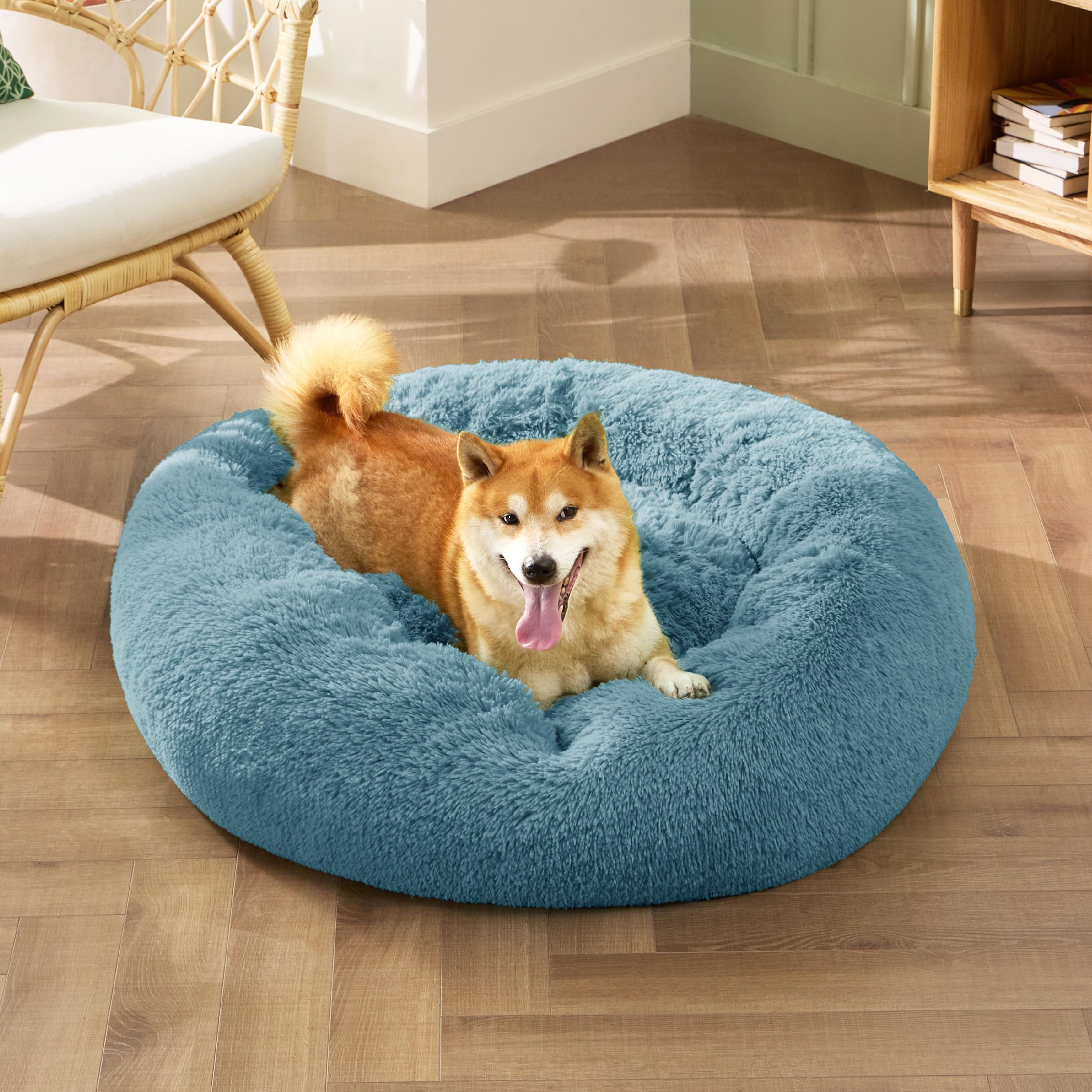 Bedsure cama-perro donut durmiendo demuestra confort y refugio seguro.