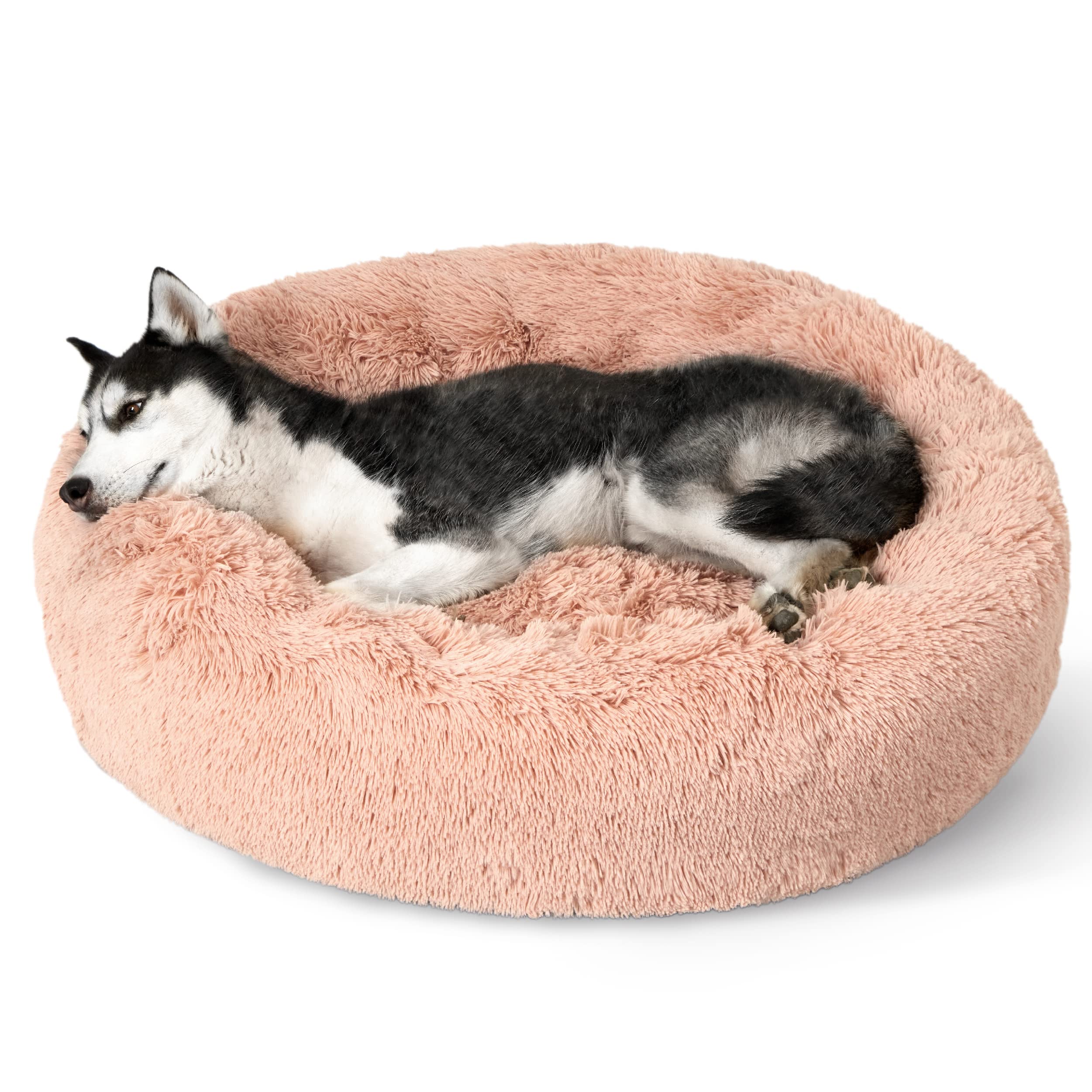 Bedsure cama para perro donut rosada, diseño suave que invita a dormir abrazado.