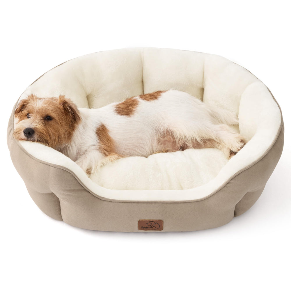 Bedsure cama para perros medianos, diseño redondo en camel, confort envolvente.