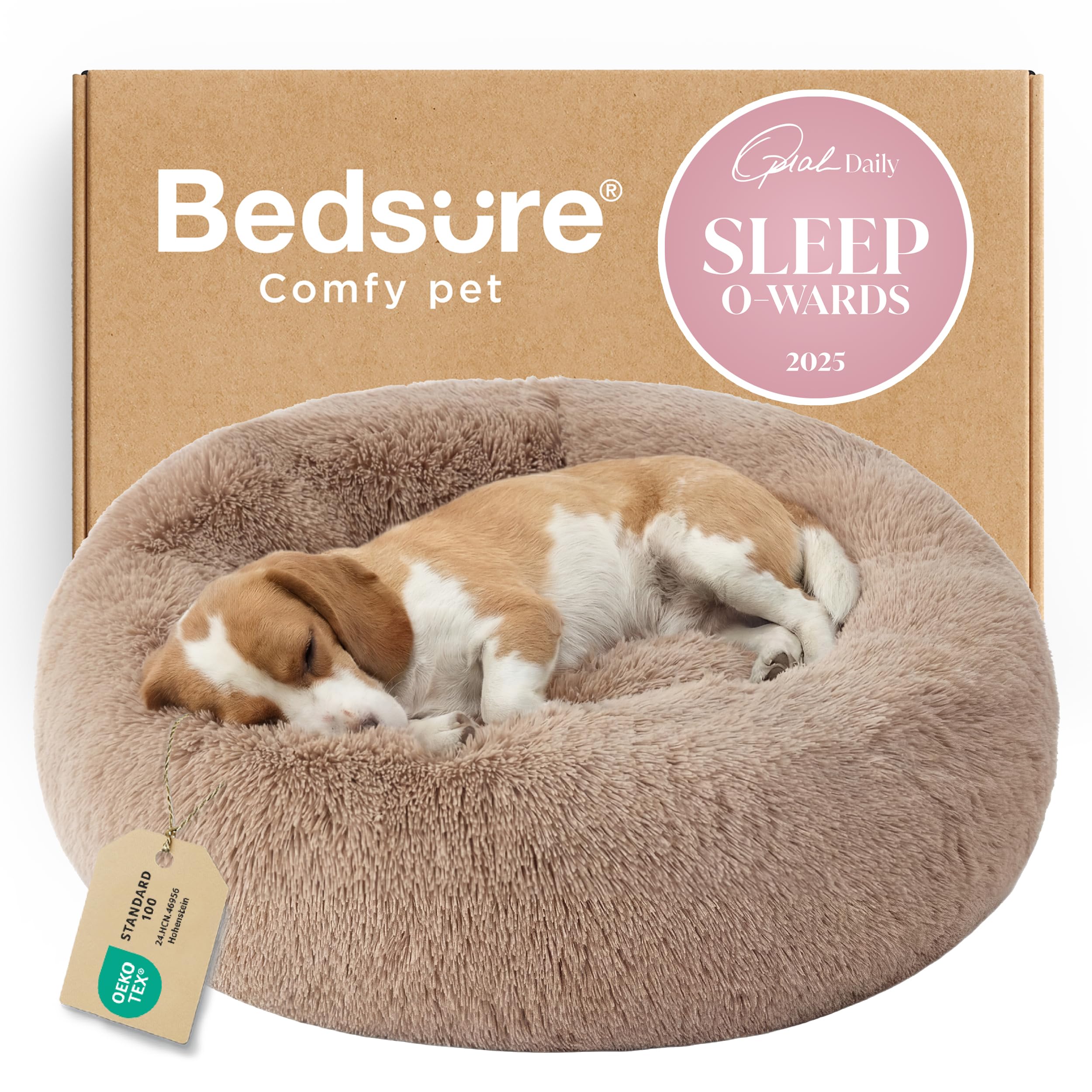 Bedsure cama para perros nido redonda de 33 pulgadas en camel, comodidad envolvente.