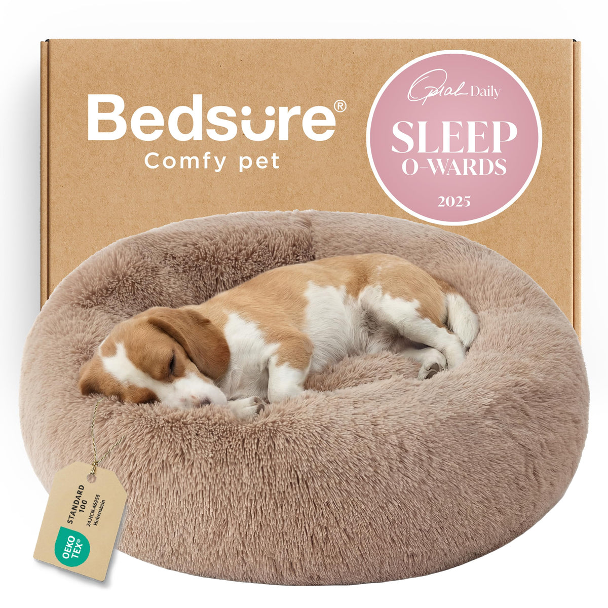 Bedsure cama para perros nido redonda de 33 pulgadas en camel, comodidad envolvente.