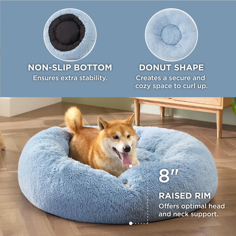 Bedsure cama perro pelo sintético azul, interior suave para descansar.