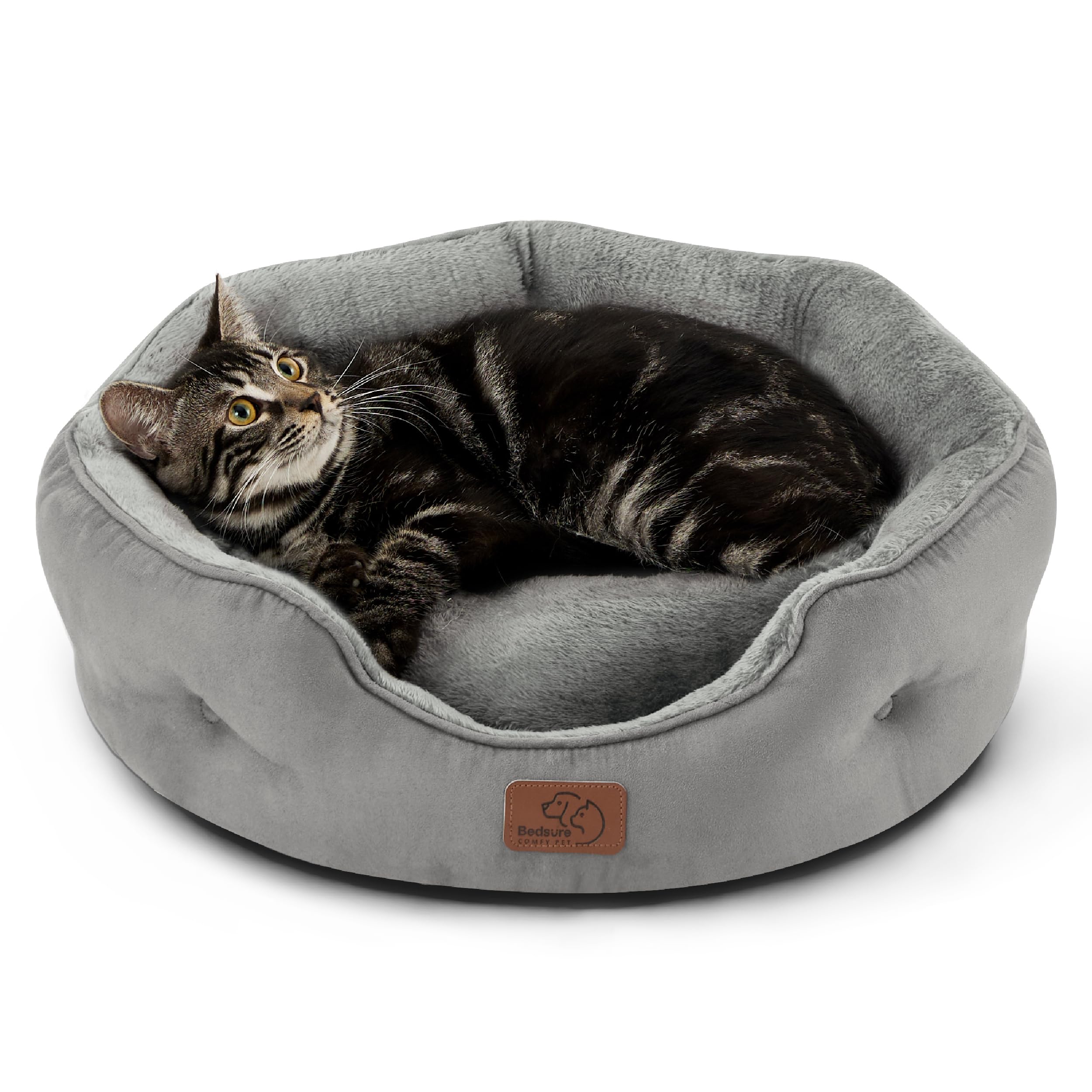 Bedsure cama para perro pequeño, redonda y gris, descanso suave y seguro.
