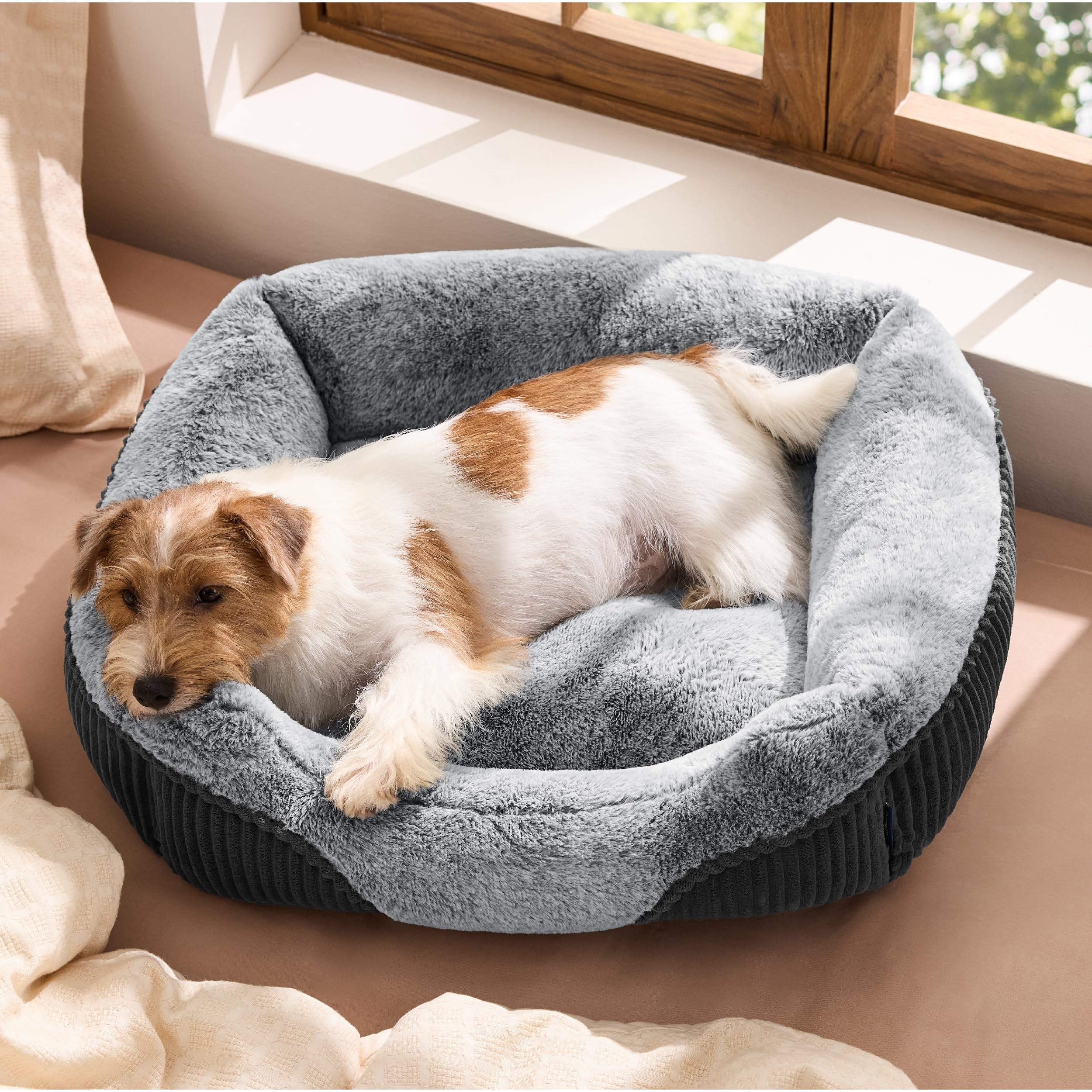 Bedsure cama para perros rectangular de felpa gris, descanso suave para el día a día
