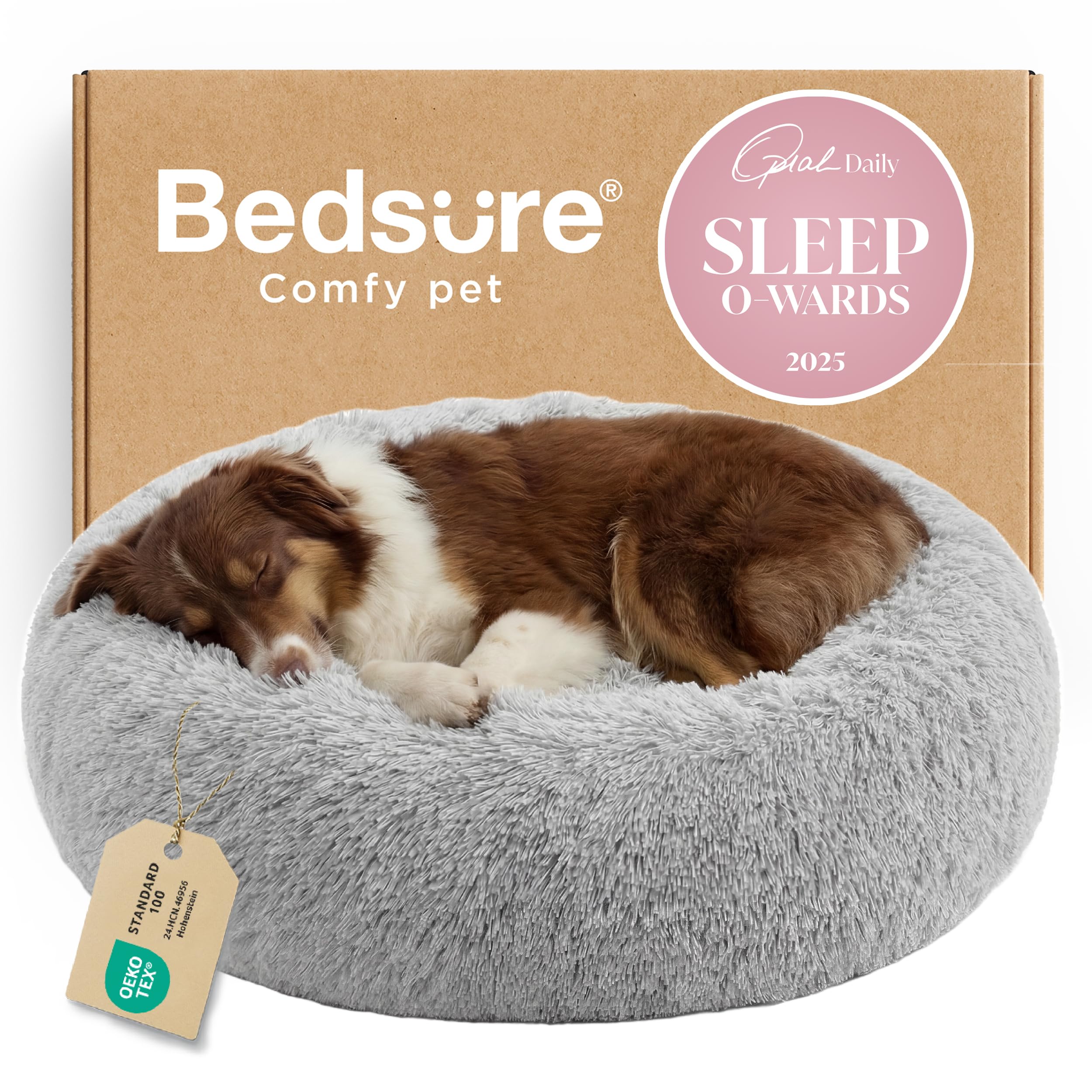 Bedsure cama de perro rosquilla calmante gris claro, borde elevado para descanso seguro