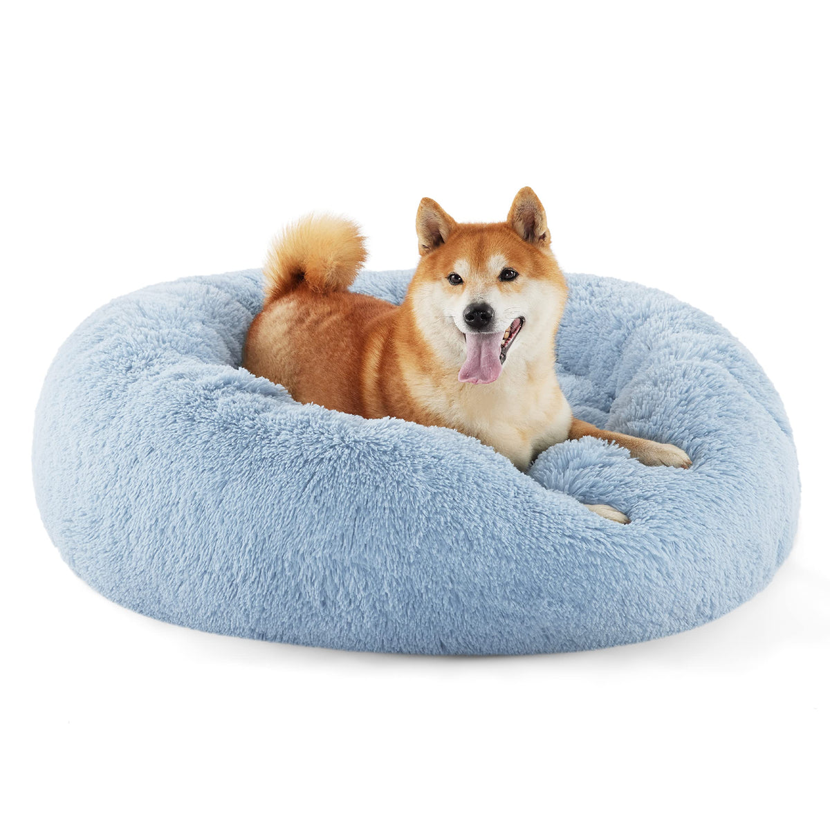Bedsure cama perro rosquilla mediano azul, soporte cómodo para descansar con calma.