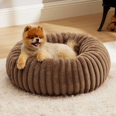 Bedsure cama redonda para perro pequeño, color camello, textura pana, descanso cálido y suave.
