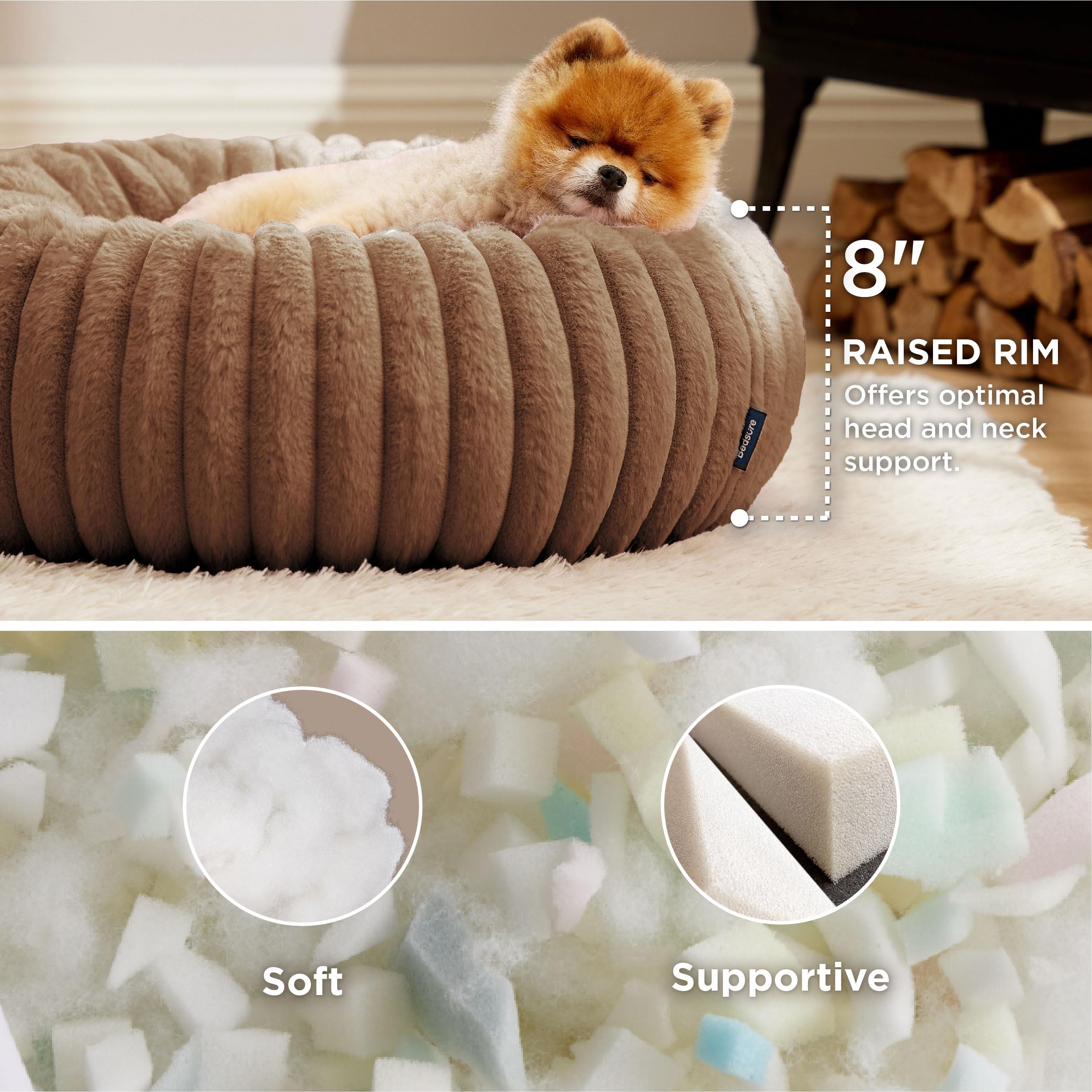 Bedsure cama redonda con funda desmontable para lavar tras juegos y siestas.