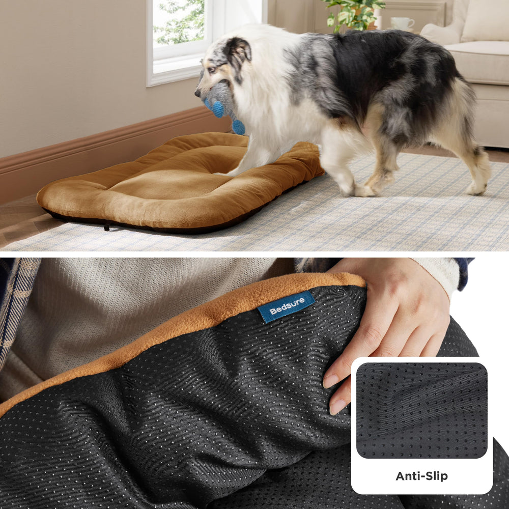 Bedsure cojin perro para jaula diseño plano, fácil de ubicar.