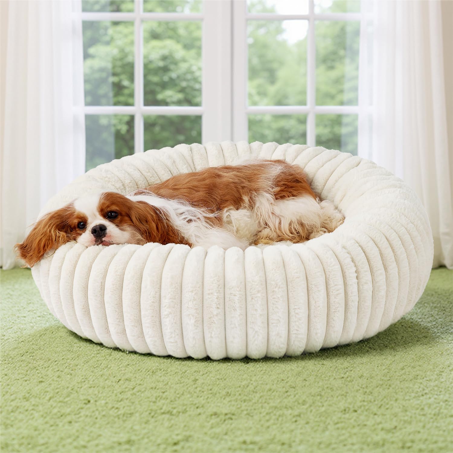 Bedsure Cama redonda para perro crema, vista general, refugio cómodo