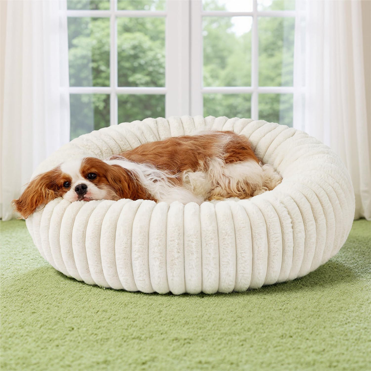 Bedsure Cama redonda para perro crema, vista general, refugio cómodo