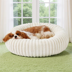 Bedsure Cama redonda para perro crema, vista general, refugio cómodo