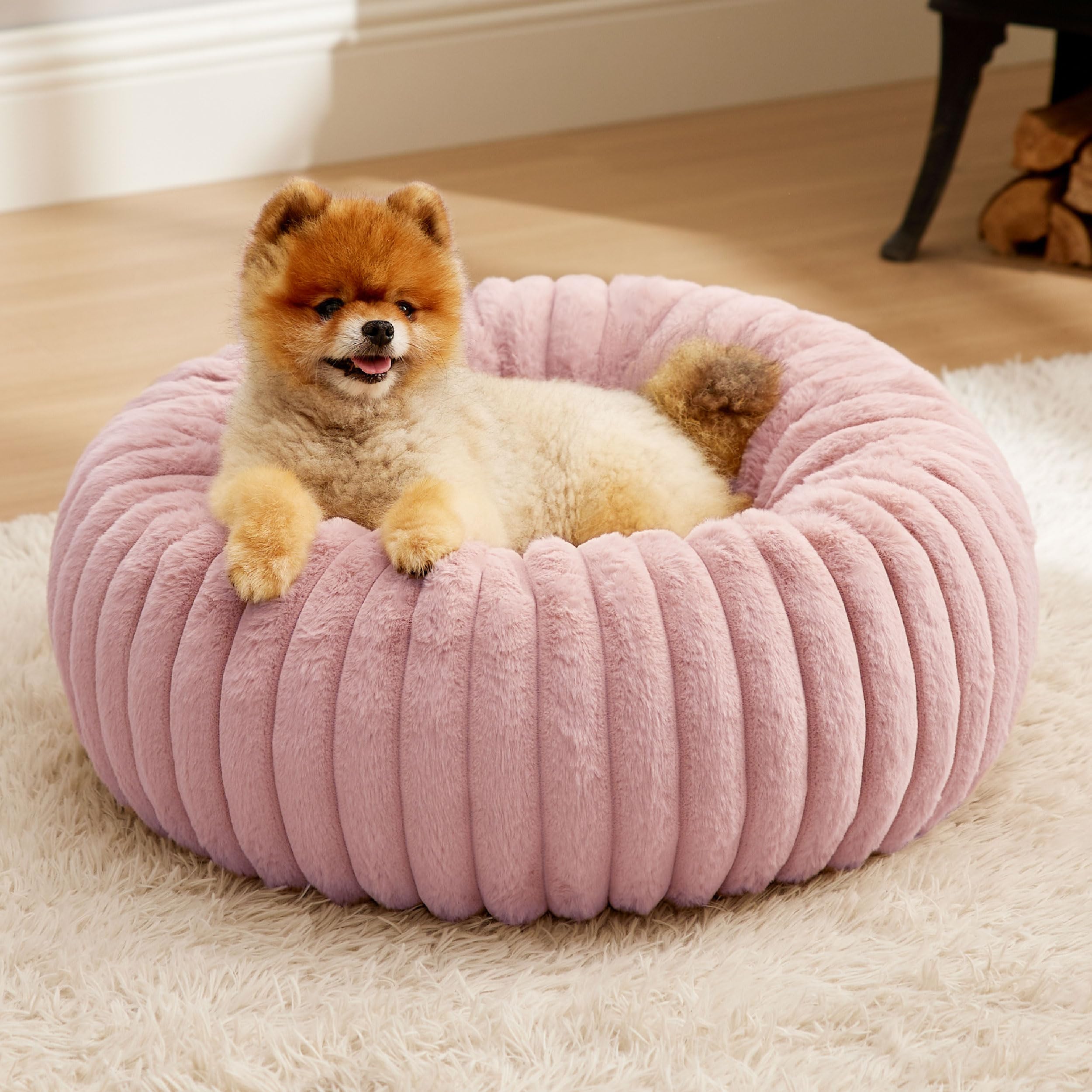 Bedsure Donut para perro pequeño en rosa, corderoy suave ideal para descanso cómodo