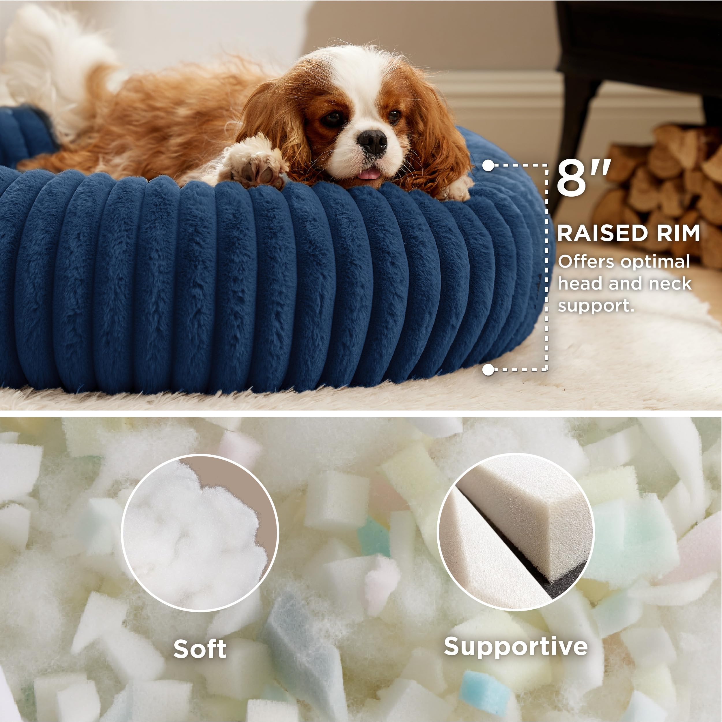 Cama redonda Bedsure con funda removible, fácil lavado y secado.