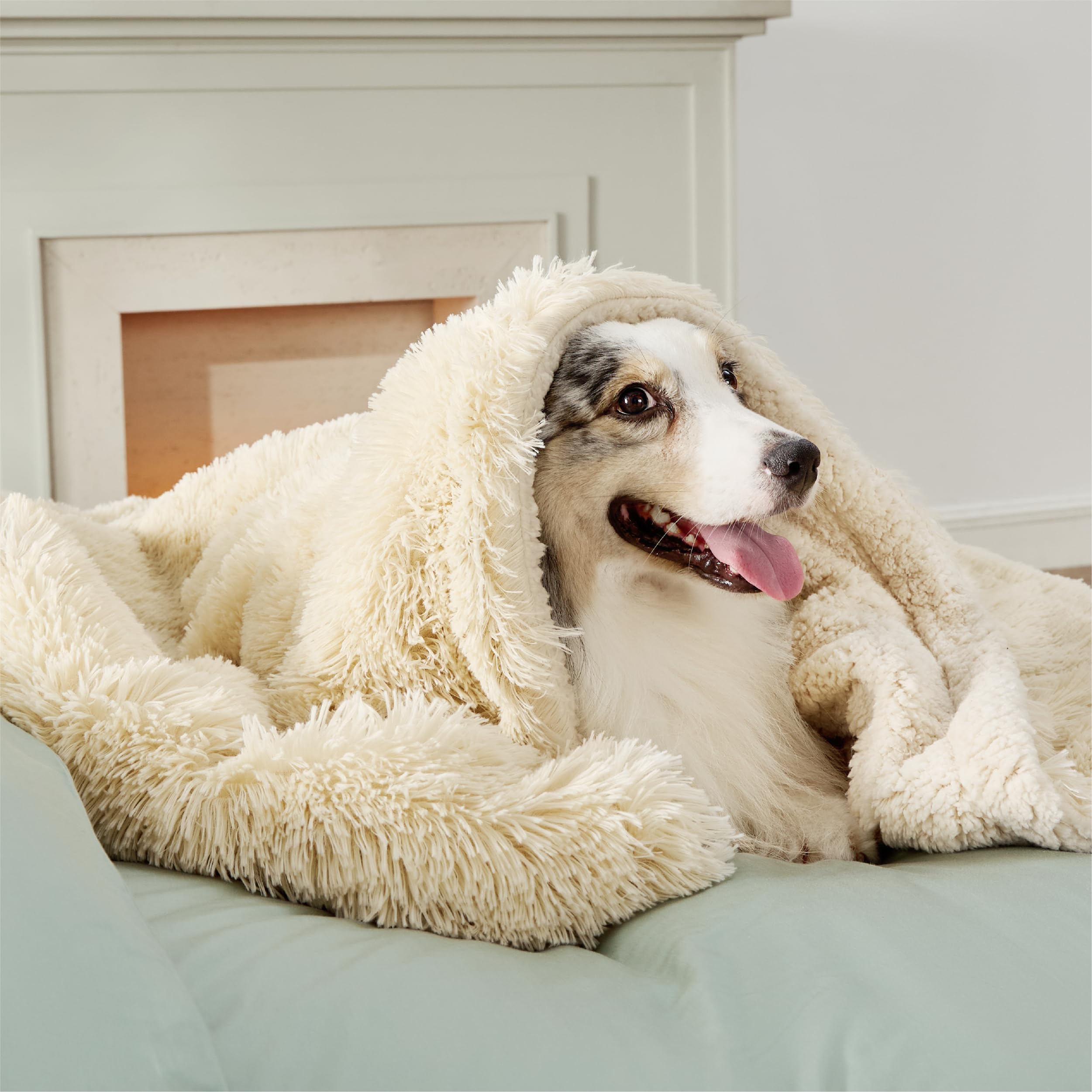 Manta impermeable Bedsure para perros grandes sobre el sofá, protegiendo de derrames.