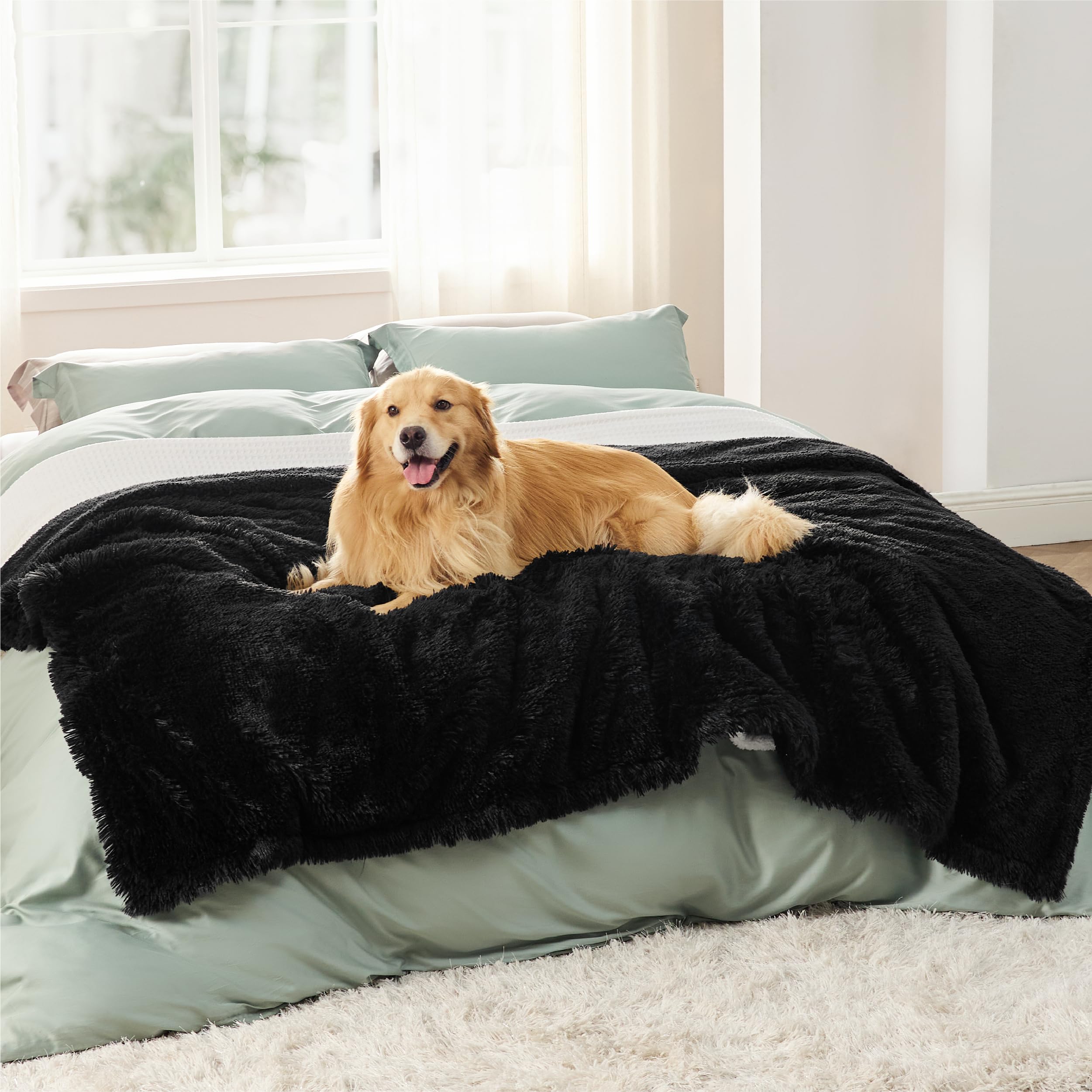 Manta Bedsure para perros impermeable en sofá, protege muebles y mantiene la mascota cómoda.