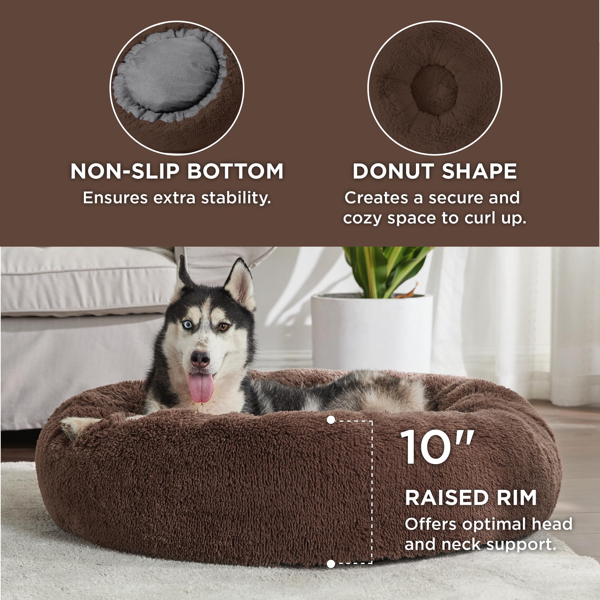Relleno plush de Bedsure donut ofrece confort duradero para perros activos.