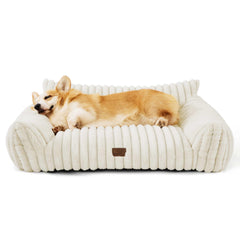 Bedsure sofá para perros medianos crema, soporte cómodo para cabeza y cuello.