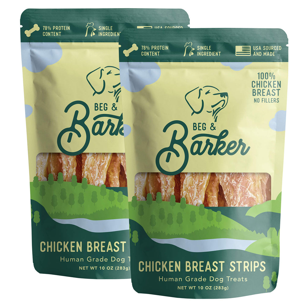 Beg & Barker jerky de pollo en doble paquete para perros activos.