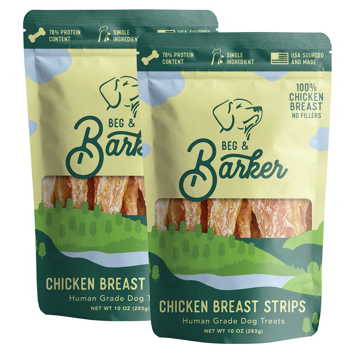 Beg & Barker jerky de pollo en doble paquete para perros activos.