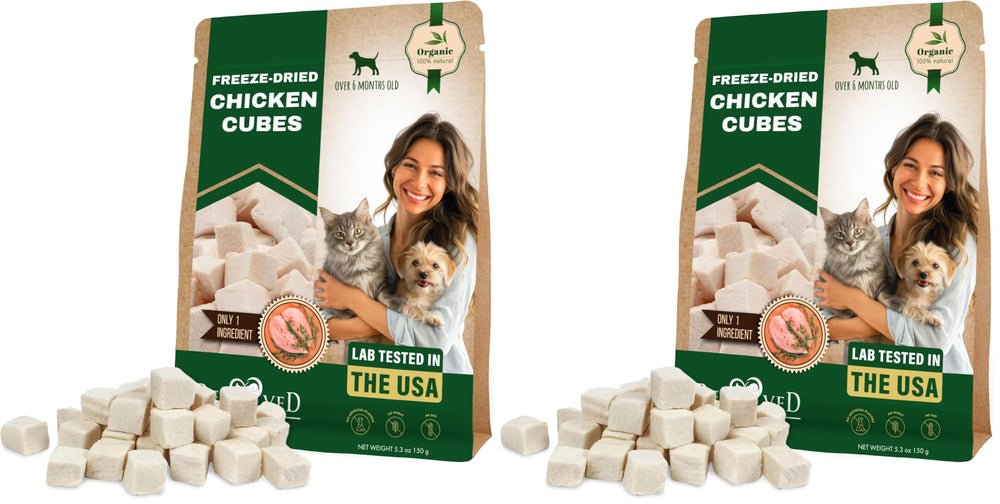 Beloved Pets cubos de pollo secos congelados, premiar sin ensuciar durante el entrenamiento.