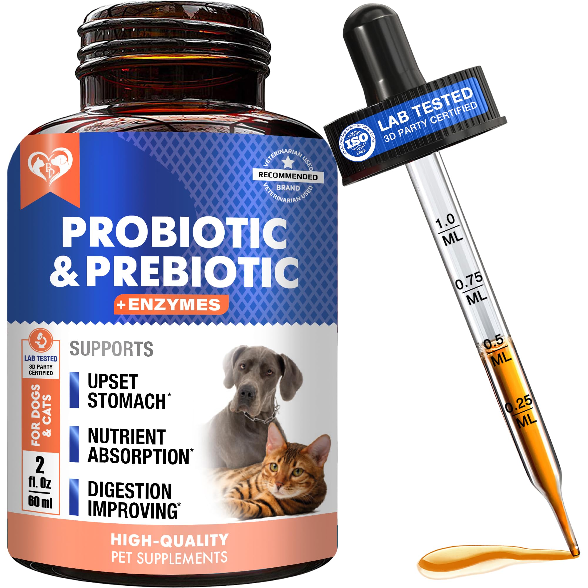 Beloved Pets probióticos y prebióticos, botella vertido, apoyo digestivo suave para perros y gatos