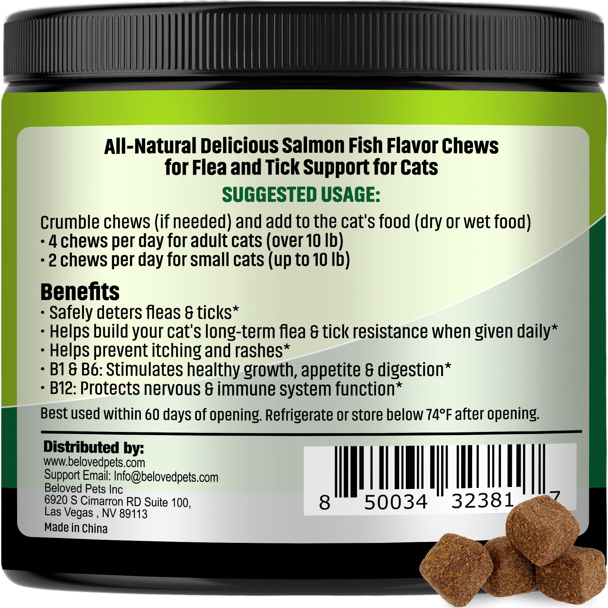 Beloved Pets tabletas salmón para gatos, tratamiento oral cómodo y sabroso.