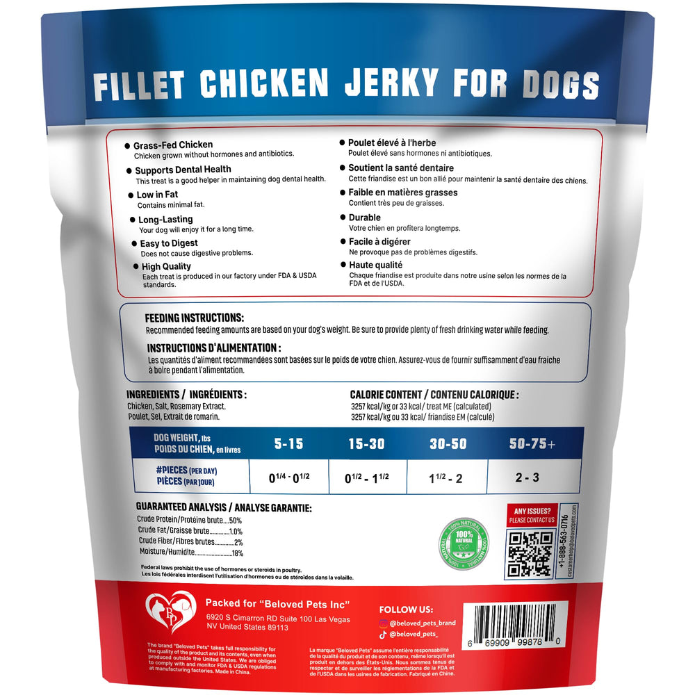 Beloved Pets jerky pollo primer plano para destacar calidad y proteína