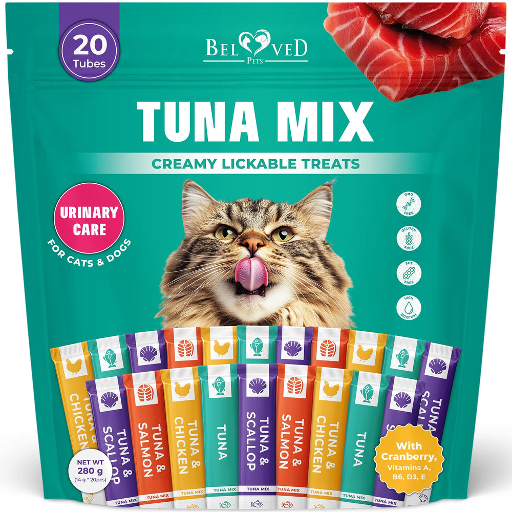Beloved Pets tubos sabrosos de atún para gatos, ideal para recompensas diarias.