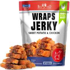 Beloved Pets wraps de pollo jerky batata dulce, snack proteico para entrenar perros