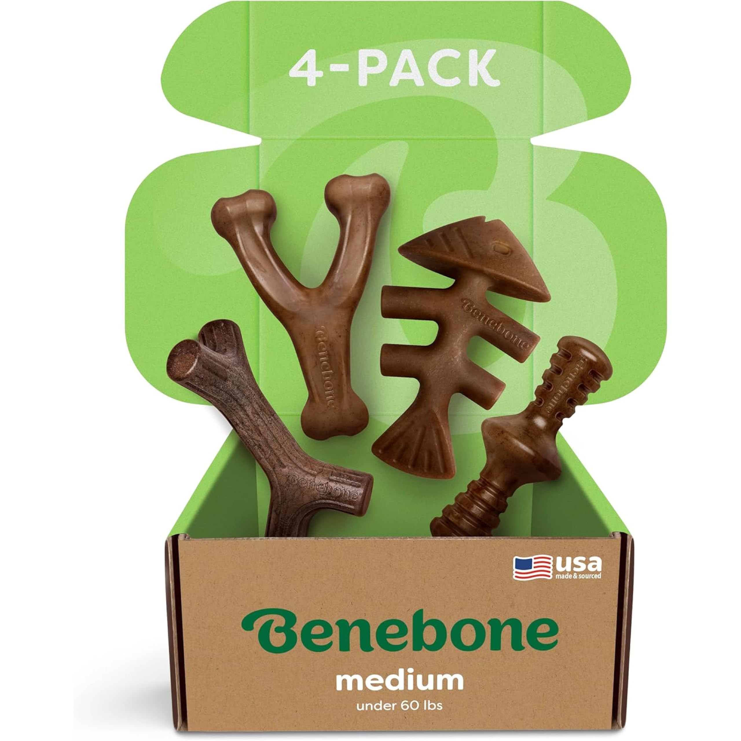 Benebone paquete cuatro mordedores, ideal para perros activos.