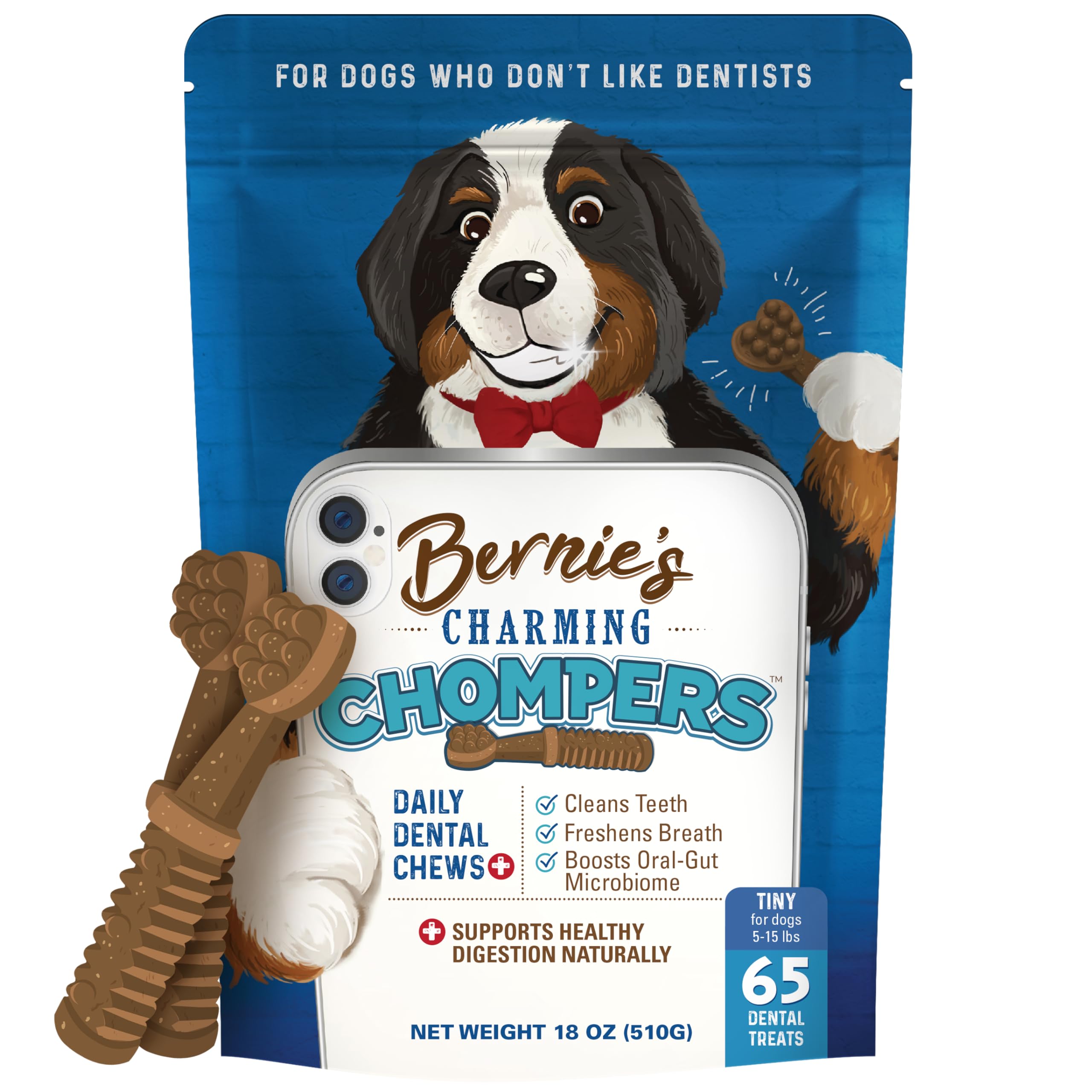 Bernie's Charming Chompers, empaque para perros, facilita la limpieza dental diaria.