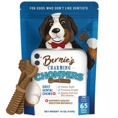 Bernie's Charming Chompers, empaque para perros, facilita la limpieza dental diaria.